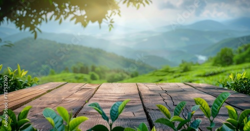 Wooden Table Overlooking Majestic Mountain Range