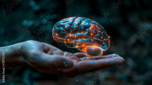 Puissance Mentale : Main Tenant une Image Cérébrale Lumineuse et Translucide