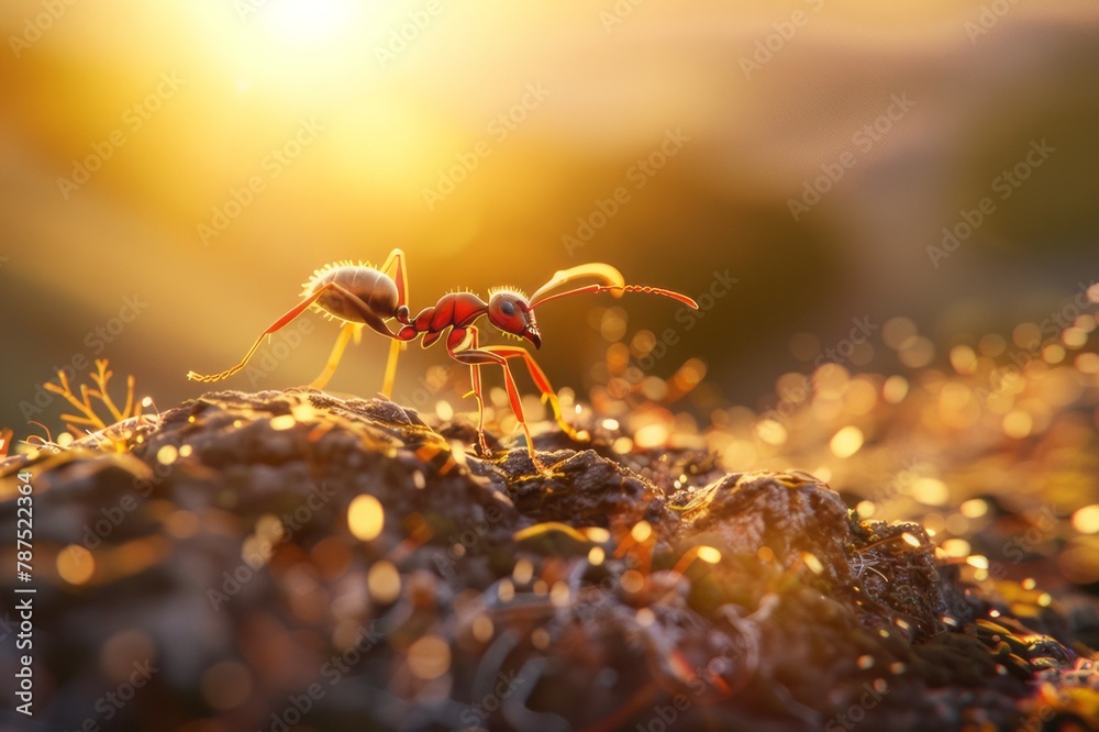 Morning moss on the ground and a tiny ant is walking on golden sun. Insect close up image. Morning moss on the ground and a tiny ant is walking on golden sun. Insect close up image.