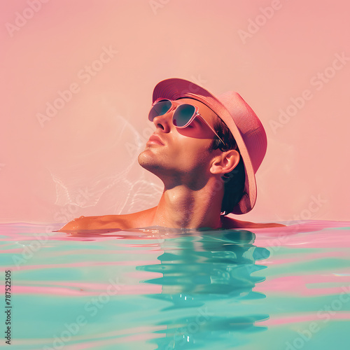  Portrait young man with summer hat and sunnglasses  in swimming pool.