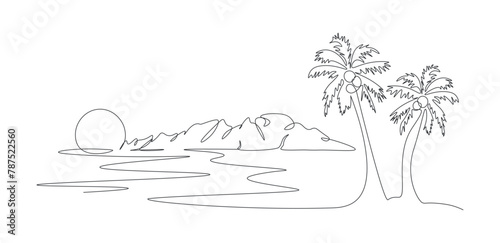 Drawing oasis with single continuous line. Tropical landscape with mountains and beach. Sea beach and lagoon with coconut palm in one line. Sunset on beach. Linear illustration on white background.