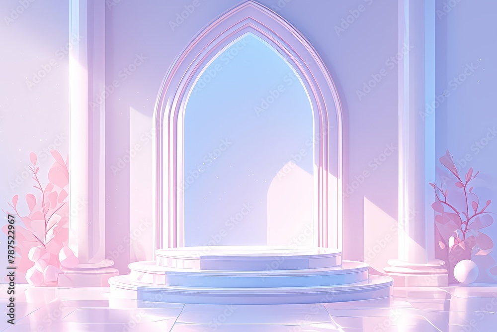 A simple and cute stage design with an arch in the background
