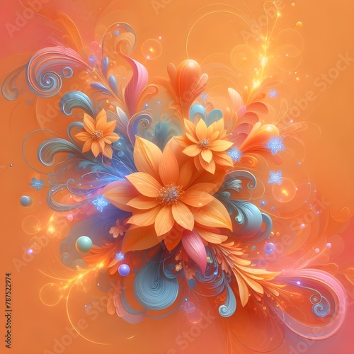 Vivid Orange Floral Burst with Blue Accents 