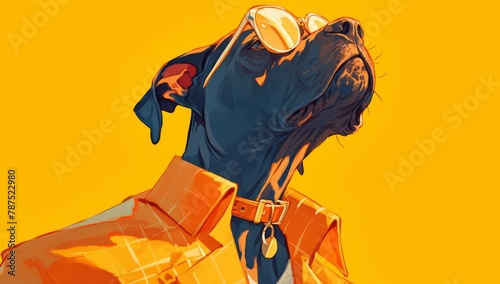 A stylishly dressed dog in colorful and sunglasses against an orange background, showcasing its fashion sense and individuality.