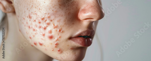 Acne pimples on the female face. Close-up of a woman face with problem skin, blackheads and allergic rash, clogged pores. photo