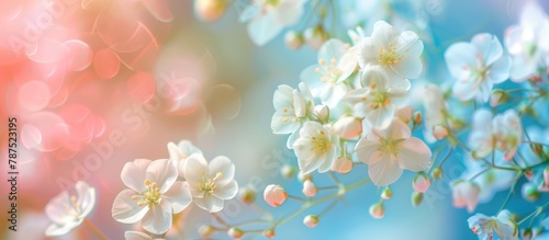 Macro close-up of small white flowers set against a soft blue and pink outdoor background, creating a border template with a spring/summer floral theme. The image conveys a light,