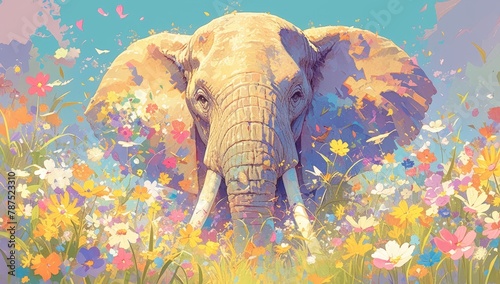 A vibrant painting of an elephant surrounded by blooming flowers and shimmering petals 