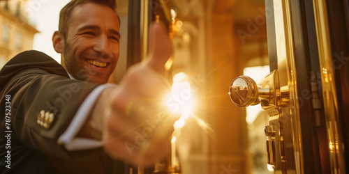 Smiling doorman opens the door to the hotel with an inviting gesture. Background for hotel service banner. photo