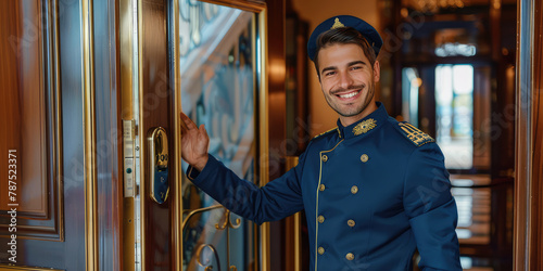 Smiling doorman opens the door to the hotel with an inviting gesture. Background for hotel service banner.
