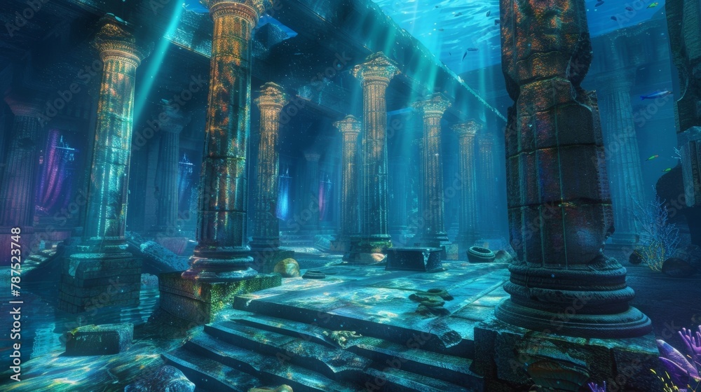 The holographic lighting dances across the columns of the underwater podium casting a colorful glow on the ancient ruins of Atlantis. . .