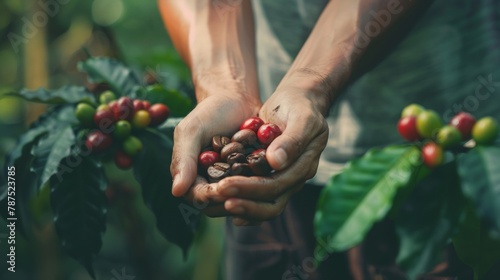 Farmer hand holding arabica coffee beans