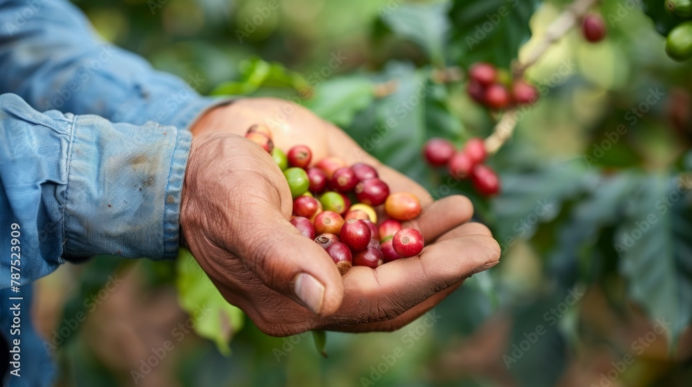Farmer hand holding arabica coffee beans Farmer hand holding arabica coffee beans