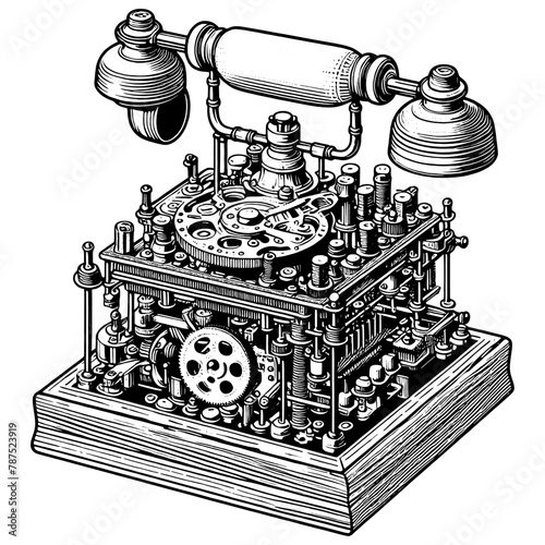 An old landline telephone, complex mechanism. Sketch board imitation. Vector, generative ai.
