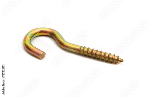 Close up shot of metallic hook screws isolated on a white background.