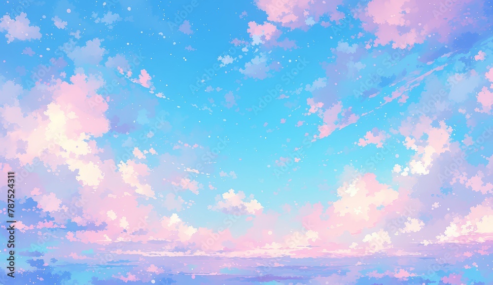 A pink and blue sky with white clouds, in the anime aesthetic