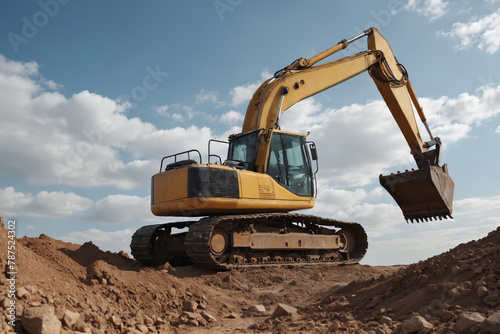 An impressive perspective of a construction site, where an idle excavator lies in wait, while an individual takes time to capture the captivating details of the machinery and milieu.