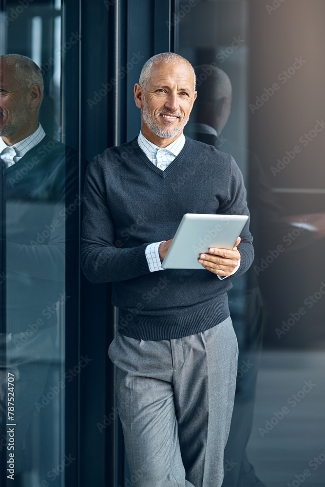 Company, portrait and mature man with tablet, pride and confidence in business opportunity. CEO, entrepreneur or happy businessman boss with online project management, digital app and office lobby - obrazy, fototapety, plakaty 