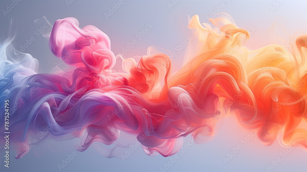 Abstract color wave background.  Multi-colored smoke softly mixing on a light background.  Art composition with smooth transitions between pink, orange and blue colors.