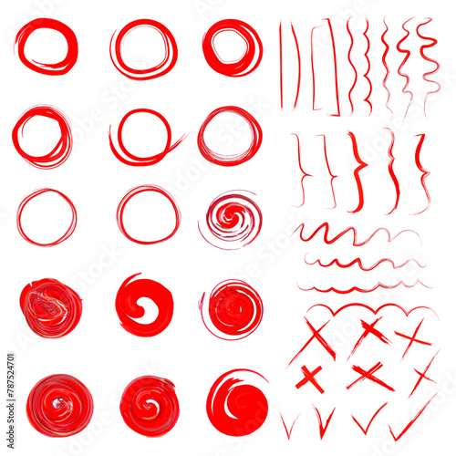 Set of hand drawn red circles and ovals. Select round frames. Ellipses, wavy lines, crosses and checkmarks in doodle style. Vector illustration isolated on white background.