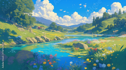 Landscape with a river flowing through green fields and hills. Bright summer valley with a clear river, surrounded by flowers and mountains.
