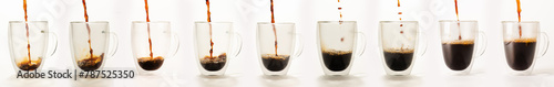 Coffee cups, several glass cups being placed coffee, white background, selective focus.