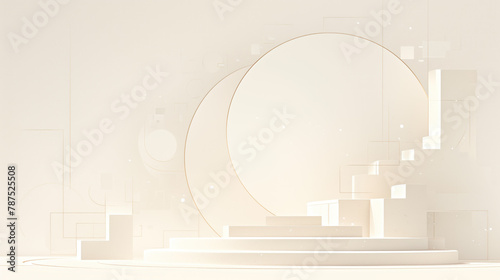 White abstract composition with a circle in the center on a light background.  Art installation in neutral tones with round and square elements.