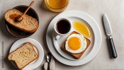 Wellness Wake-Up: Egg, Bread, Jam, Butter, Milk, Honey, Coffee Mug, and Glass of Milk on White Background