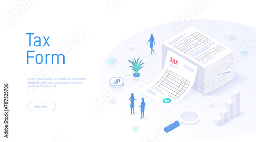 Stack of tax documents in isometric style. Concept of taxation, financial paperwork, and government compliance. Silhouettes of the little people of the workers. Ideal for finance related designs.