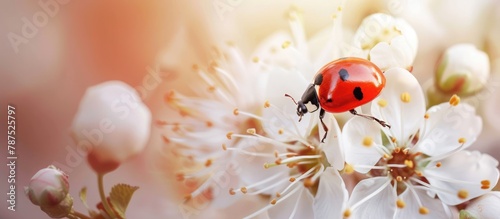 A ladybug perches on a blossom.