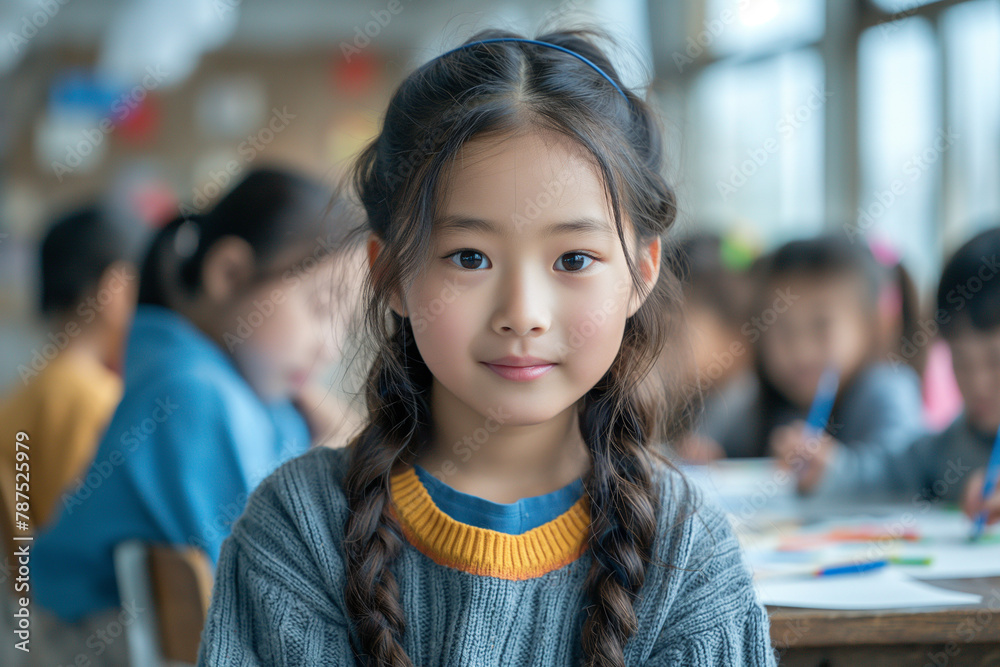 Smiling pretty girl with in a creative classroom. Smiling pretty girl with in a creative classroom.