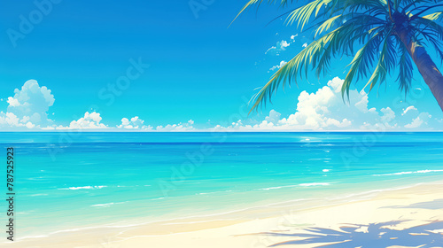 Tropical landscape with sandy beach, ocean and palm trees
