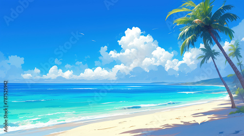 Tropical sandy beach with palm trees, turquoise sea and clear blue sky.