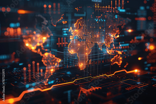 World finance map with stock charts and graphs, globalization, global trade, world finance, msci world concept