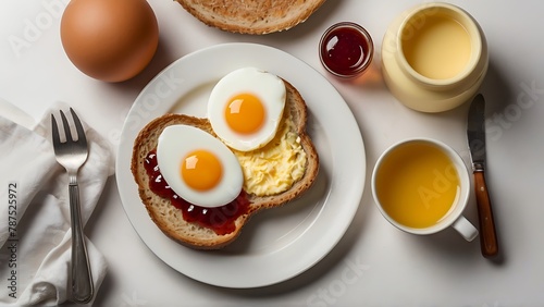 Nutritious Start: Breakfast Spread with Egg, Bread, Jam, Butter, Milk, Honey, and Coffee on White Background