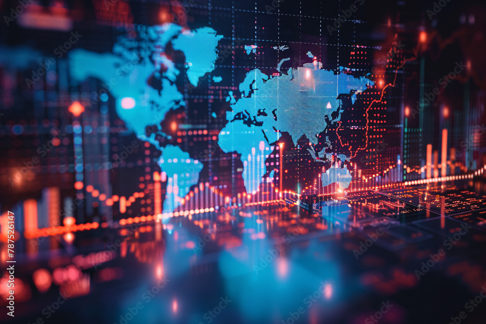 World finance map with stock charts and graphs, globalization, global trade, world finance, msci world concept World finance map with stock charts and graphs, globalization, global trade, world finance, msci world concept