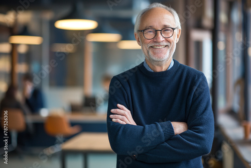 With a genial smile and folded arms, a senior man exudes a relaxed confidence against the backdrop of a bustling contemporary workspace.