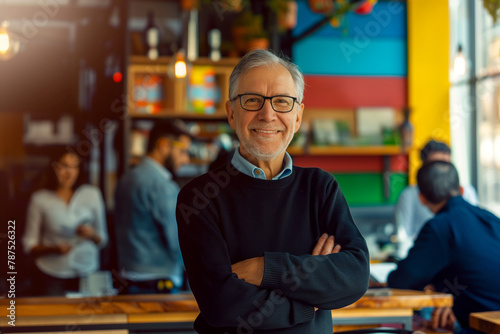 A cheerful elderly man with glasses stands with crossed arms in a vibrant cafe, his warm smile reflecting a contented life surrounded by patrons. © Darya