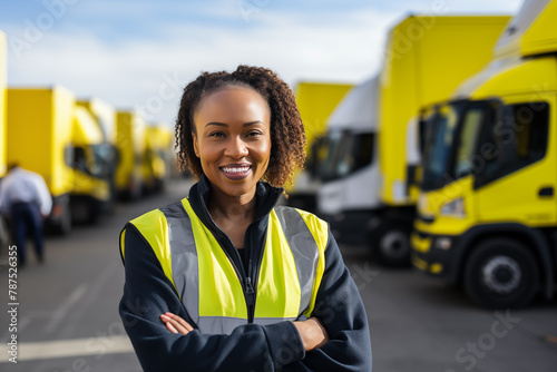 A smiling logistics expert stands proudly in a high-visibility jacket, arms crossed, in front of a fleet of yellow delivery trucks, symbolizing efficiency and reliability.