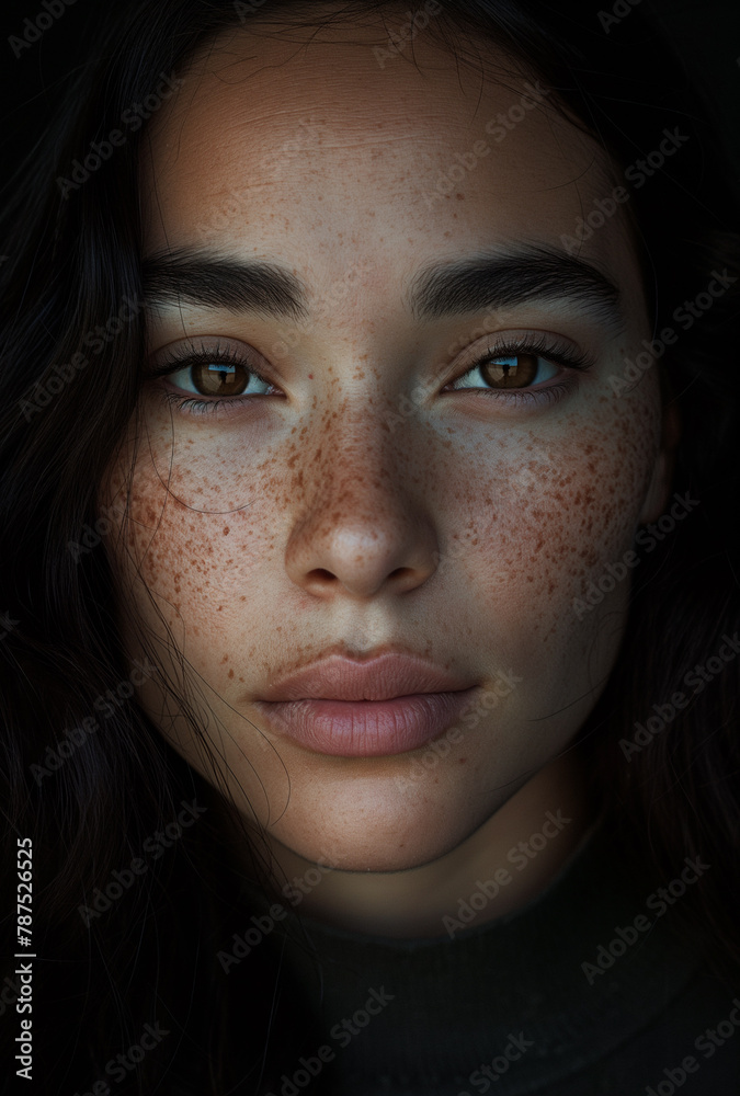 A close-up portrait capturing the natural beauty and unique detail of a young woman's freckled face, with her captivating eyes drawing you into the photo. A close-up portrait capturing the natural beauty and unique detail of a young woman's freckled face, with her captivating eyes drawing you into the photo.