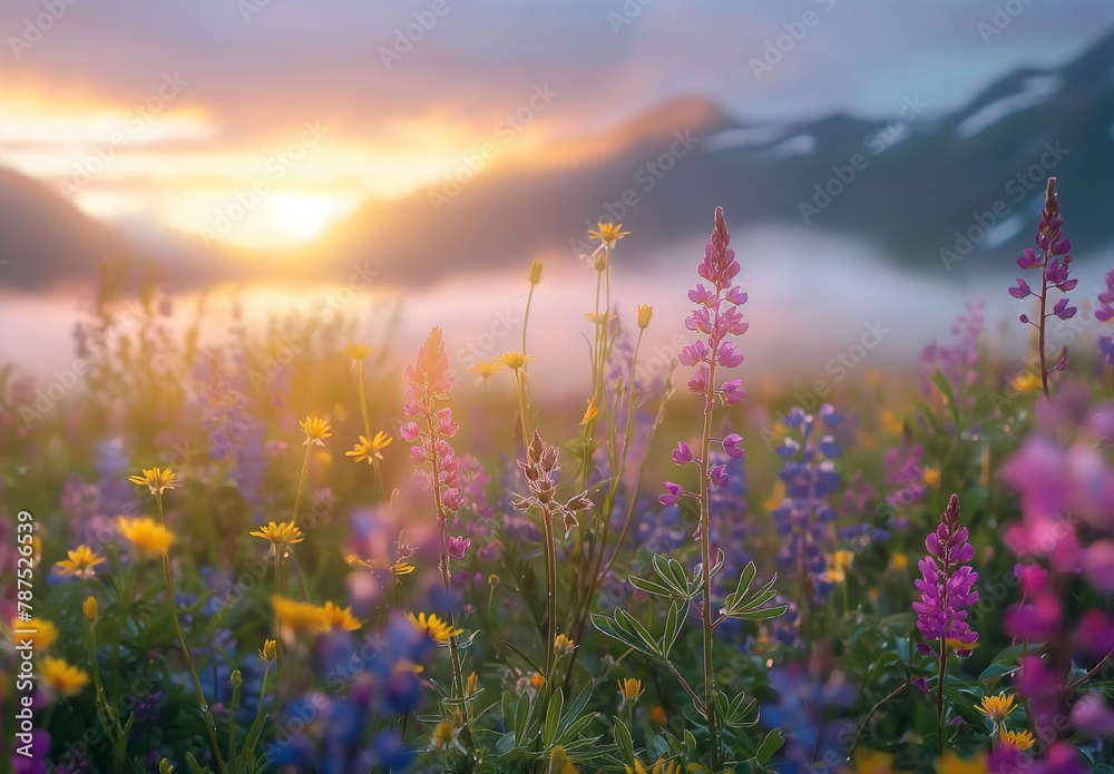 The setting sun bathes an alpine meadow in warm light, highlighting the delicate blooms and the silhouettes of distant mountains enveloped in mist. - obrazy, fototapety, plakaty 