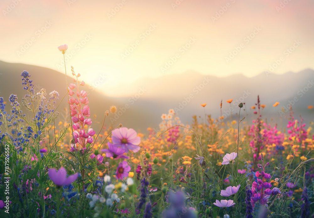 A tranquil sunset settles over a mountainous landscape, where a diverse array of wildflowers stands tall, basking in the golden glow.
