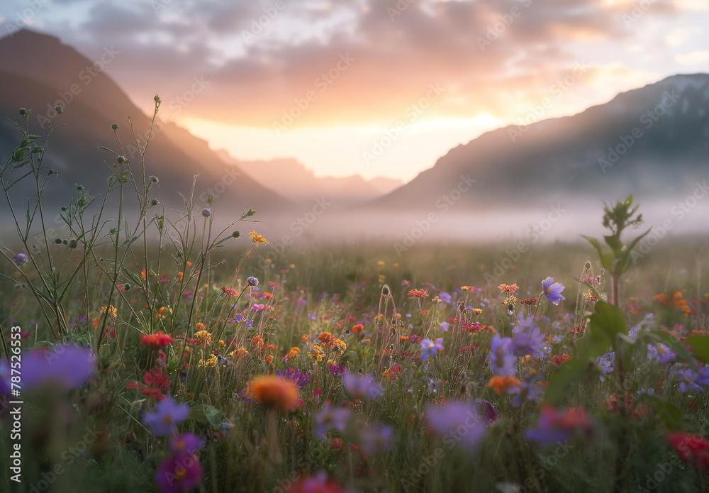 Naklejka premium As the day breaks, a luminous sunrise bathes a hillside blanketed in colorful wildflowers, with the morning mist adding a touch of magic.