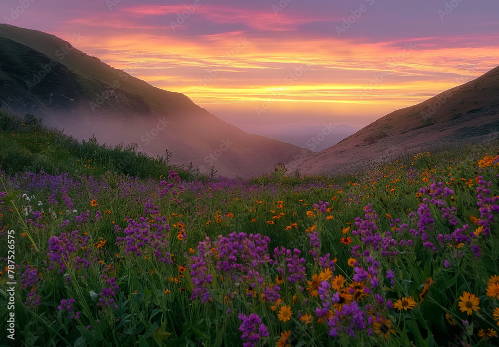 A breathtaking view of a mountain meadow blanketed in wildflowers, with rolling clouds and the vibrant hues of sunset painting the sky.