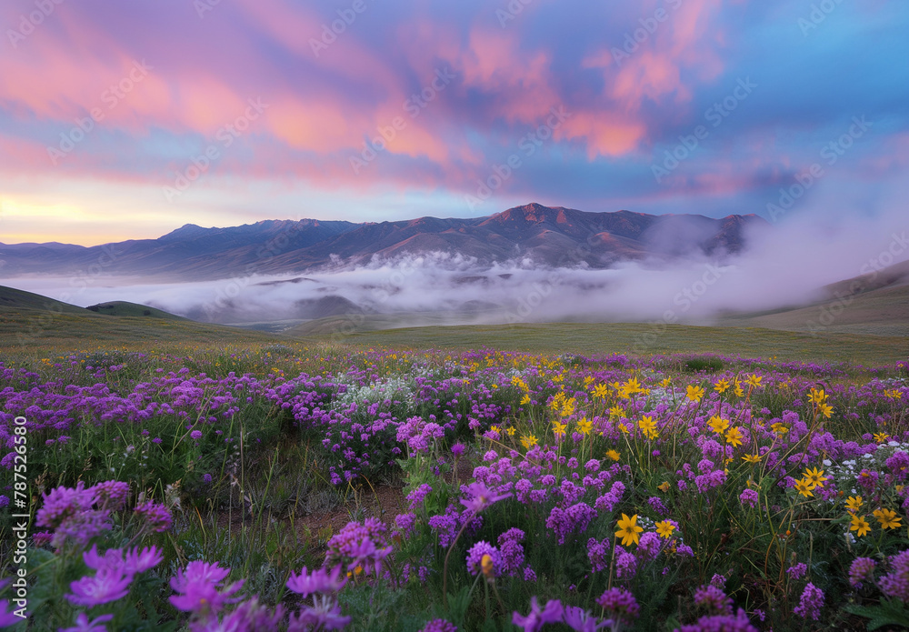 Obraz premium A breathtaking view of a mountain meadow blanketed in wildflowers, with rolling clouds and the vibrant hues of sunset painting the sky.