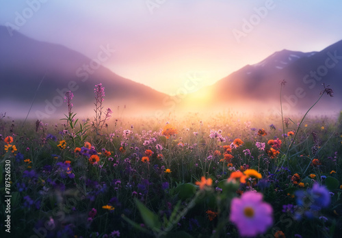 A serene dawn breaks, casting a soft, glowing light across a meadow of diverse wildflowers, with the silhouette of peaceful mountains under a gradient sky.