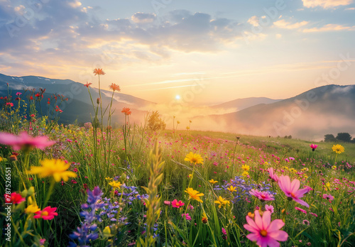 The sun s first rays peek over the mountains  illuminating a vibrant pasture dotted with wildflowers  casting a serene ambiance across the valley.