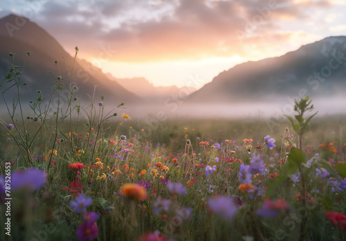 As the day breaks  a luminous sunrise bathes a hillside blanketed in colorful wildflowers  with the morning mist adding a touch of magic.