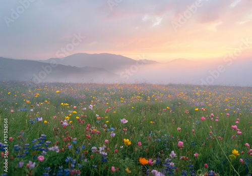 A breathtaking view of a mountain meadow blanketed in wildflowers, with rolling clouds and the vibrant hues of sunset painting the sky.