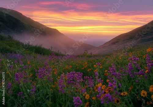 A breathtaking view of a mountain meadow blanketed in wildflowers, with rolling clouds and the vibrant hues of sunset painting the sky. © Darya