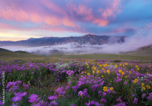 A breathtaking view of a mountain meadow blanketed in wildflowers  with rolling clouds and the vibrant hues of sunset painting the sky.